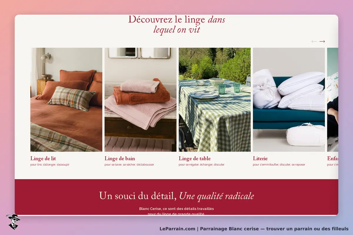 Blanc Cerise : présentation de différents linges pour la maison sur la page d'accueil