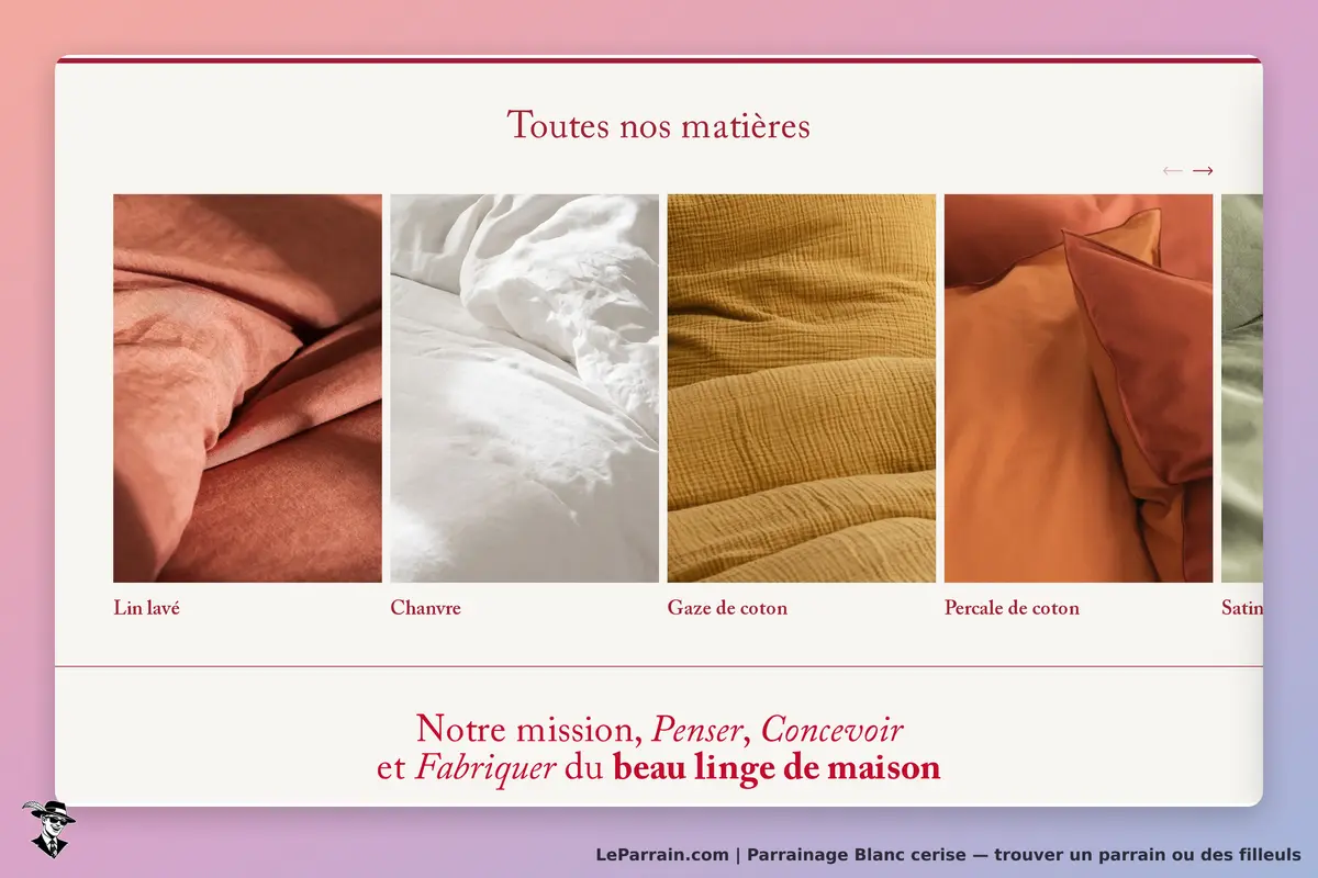 Blanc cerise : quatre matières de linge de maison avec étiquettes et textures variées