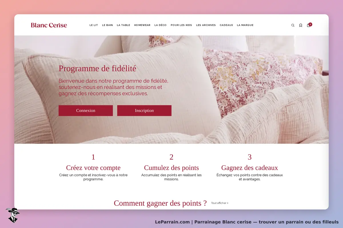 Blanc Cerise : page d'accueil du programme de fidélité avec des coussins en arrière-plan
