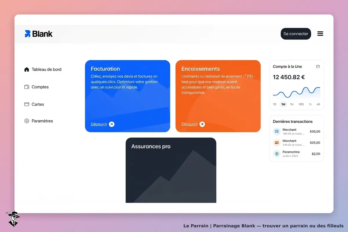 Blank : tableau de bord avec sections pour facturation, encaissements et assurances pro