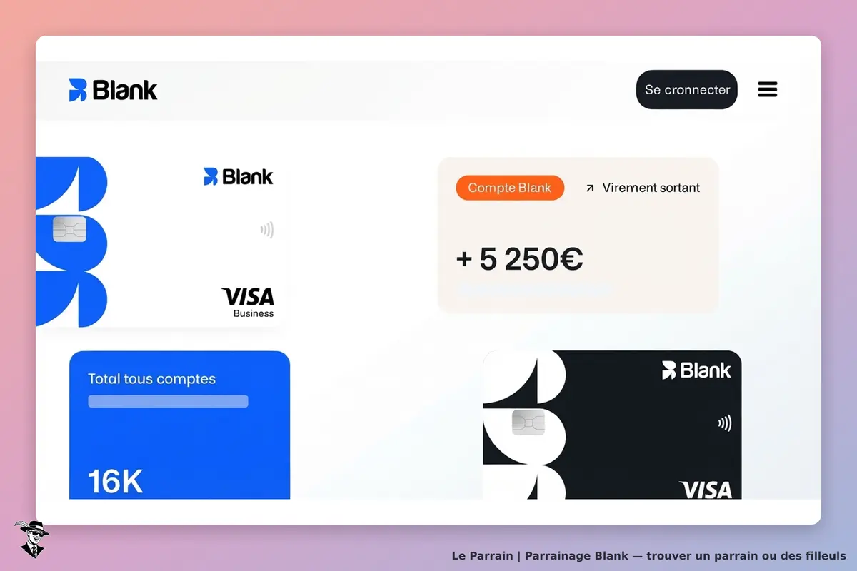 Blank : page d'accueil affichant des cartes Visa et des informations sur les comptes