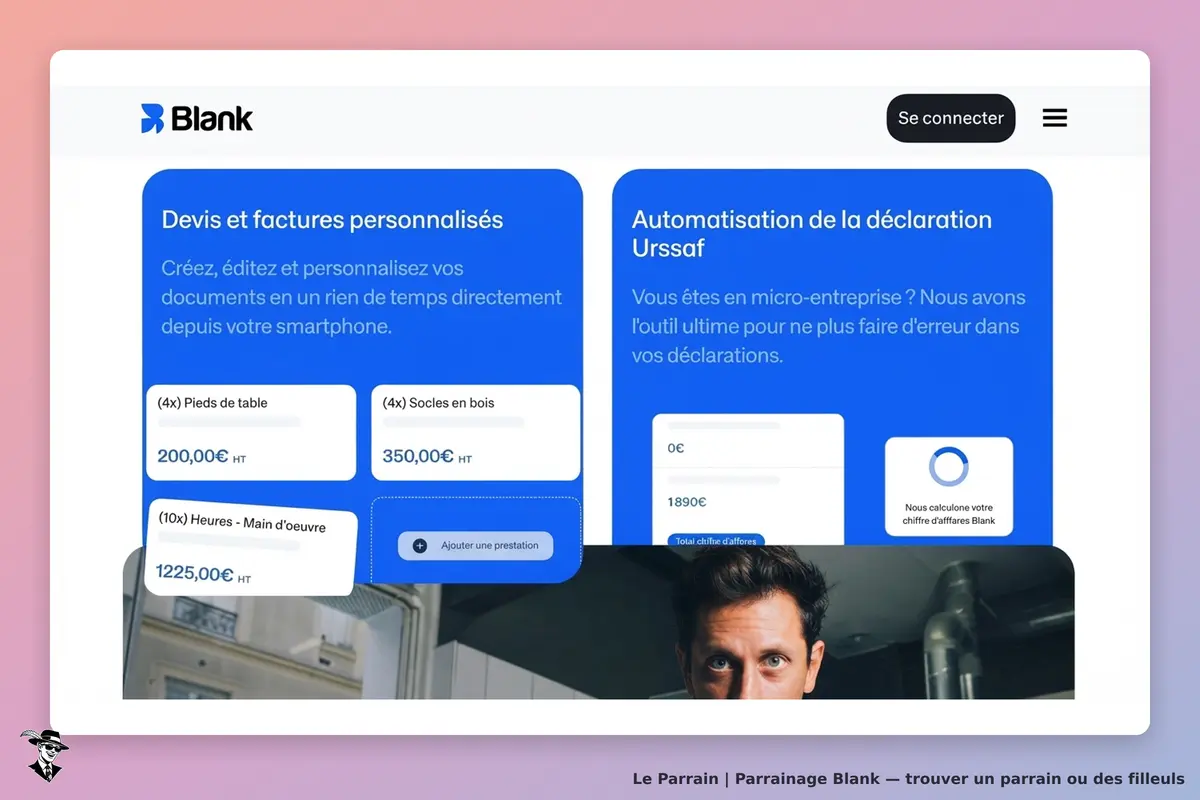 Blank : page d'accueil présentant des devis et l'automatisation de déclarations Urssaf