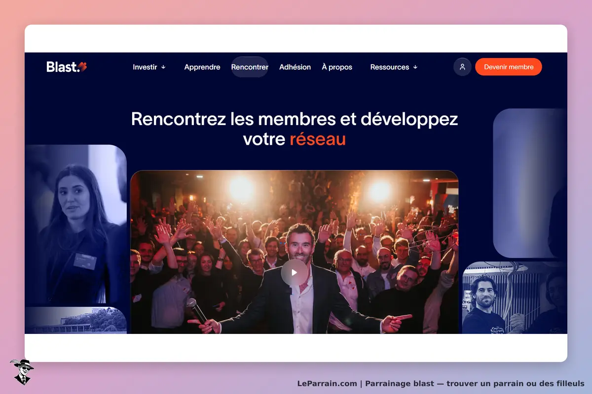 Blast : page d'accueil avec un événement rassemblant des participants et un intervenant au micro