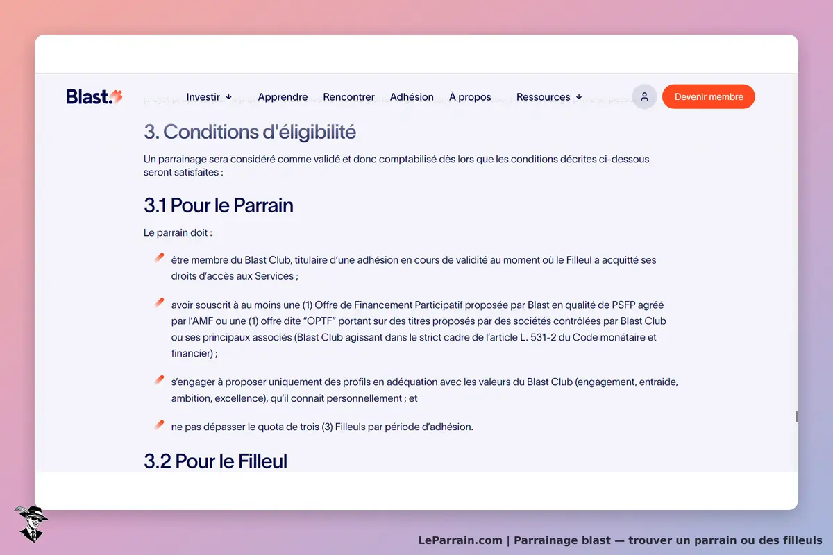 Blast : conditions d'éligibilité pour le parrain et le filleul, texte explicatif visible