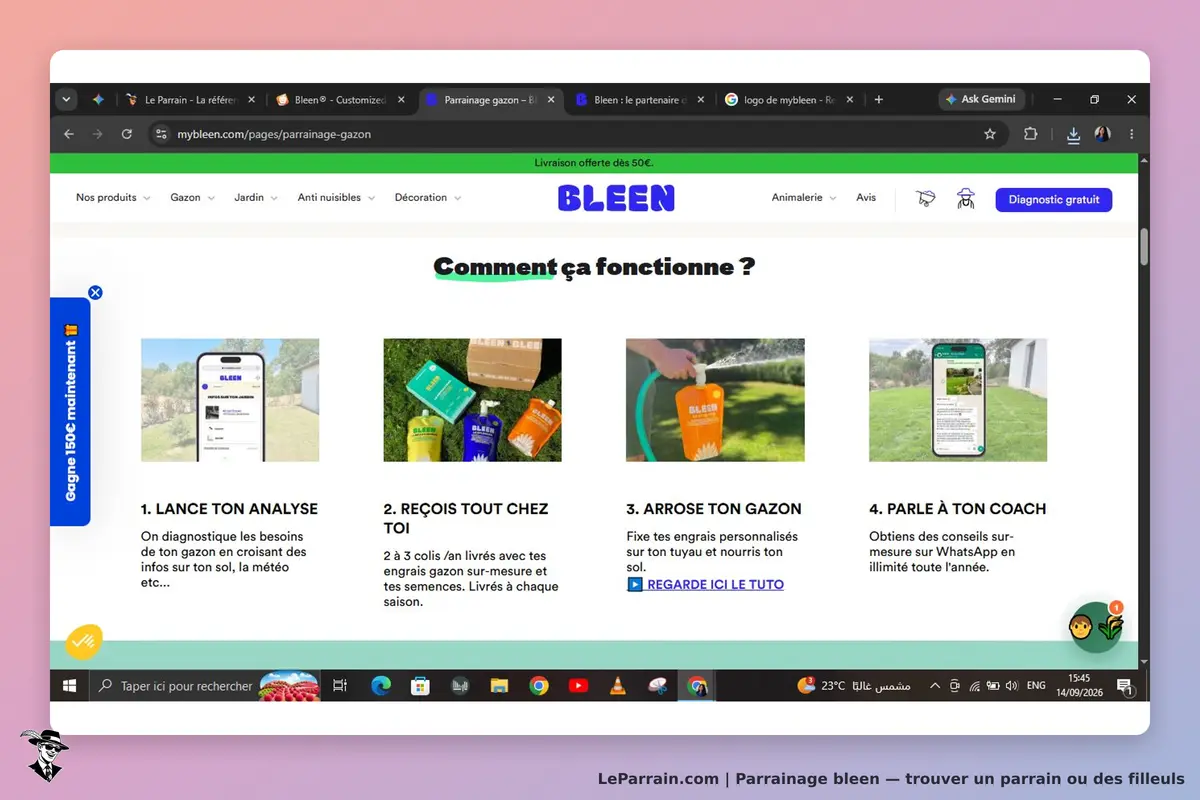 Bleen : page d'accueil présentant le fonctionnement du service avec quatre étapes illustrées