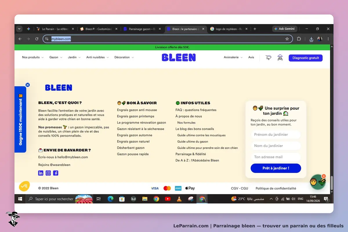Bleen : page d'accueil avec des informations sur les services et un formulaire d'inscription