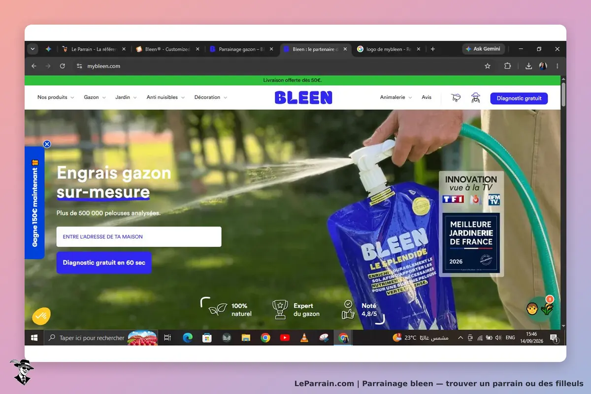 Bleen : page d'accueil avec un engrais pour gazon et un formulaire d'adresse à remplir
