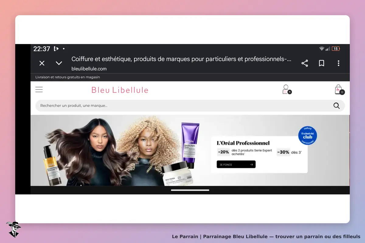 Bleu Libellule : page d'accueil avec des produits de coiffure et des modèles aux cheveux stylisés