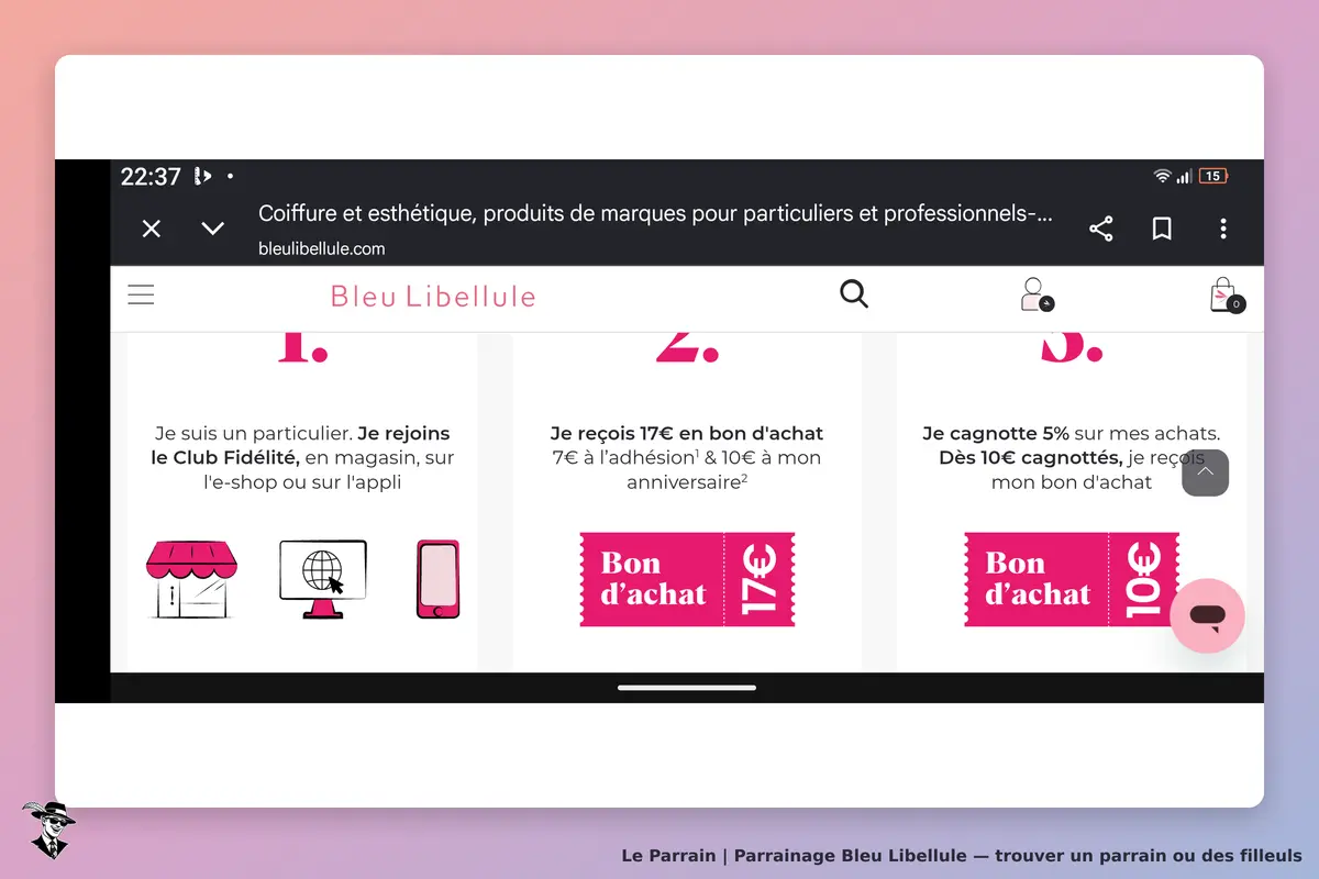 Bleu Libellule : page d'accueil avec informations sur le Club Fidélité et bons d'achat
