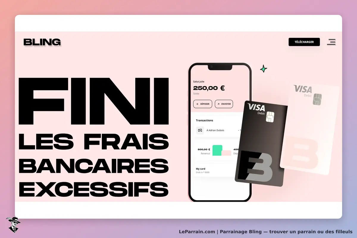 Bling : page d'accueil avec un mobile affichant un solde et des cartes Visa. Texte en grand