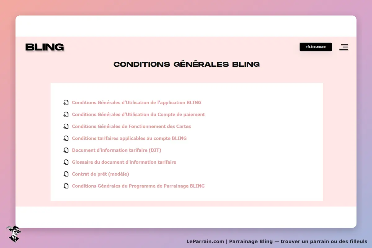 Bling : liste des conditions générales et documents d'information sur fond rose