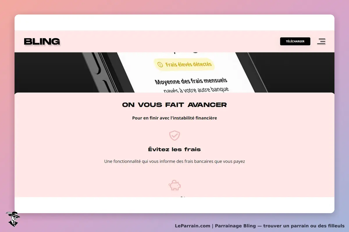 Bling : page d'accueil avec texte sur l'évitement des frais bancaires et une fonctionnalité