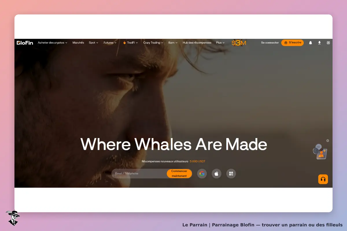 BloFin : page d'accueil avec un homme en gros plan et le slogan "Where Whales Are Made"