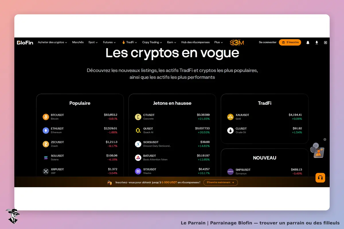 Blofin : page d'accueil affichant les cryptos populaires et en hausse, ainsi que des actifs TradFi
