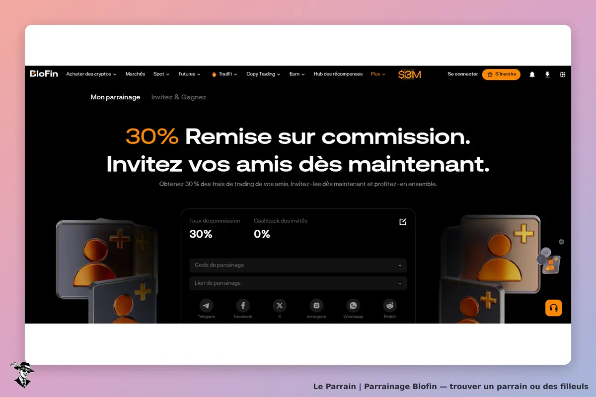 Blofin : page d'accueil avec invitation à parrainer et formulaire de parrainage