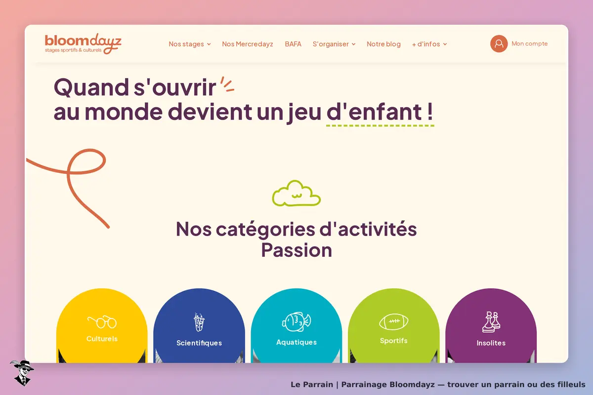 bloomdayz : page d'accueil avec un slogan et des catégories d'activités colorées
