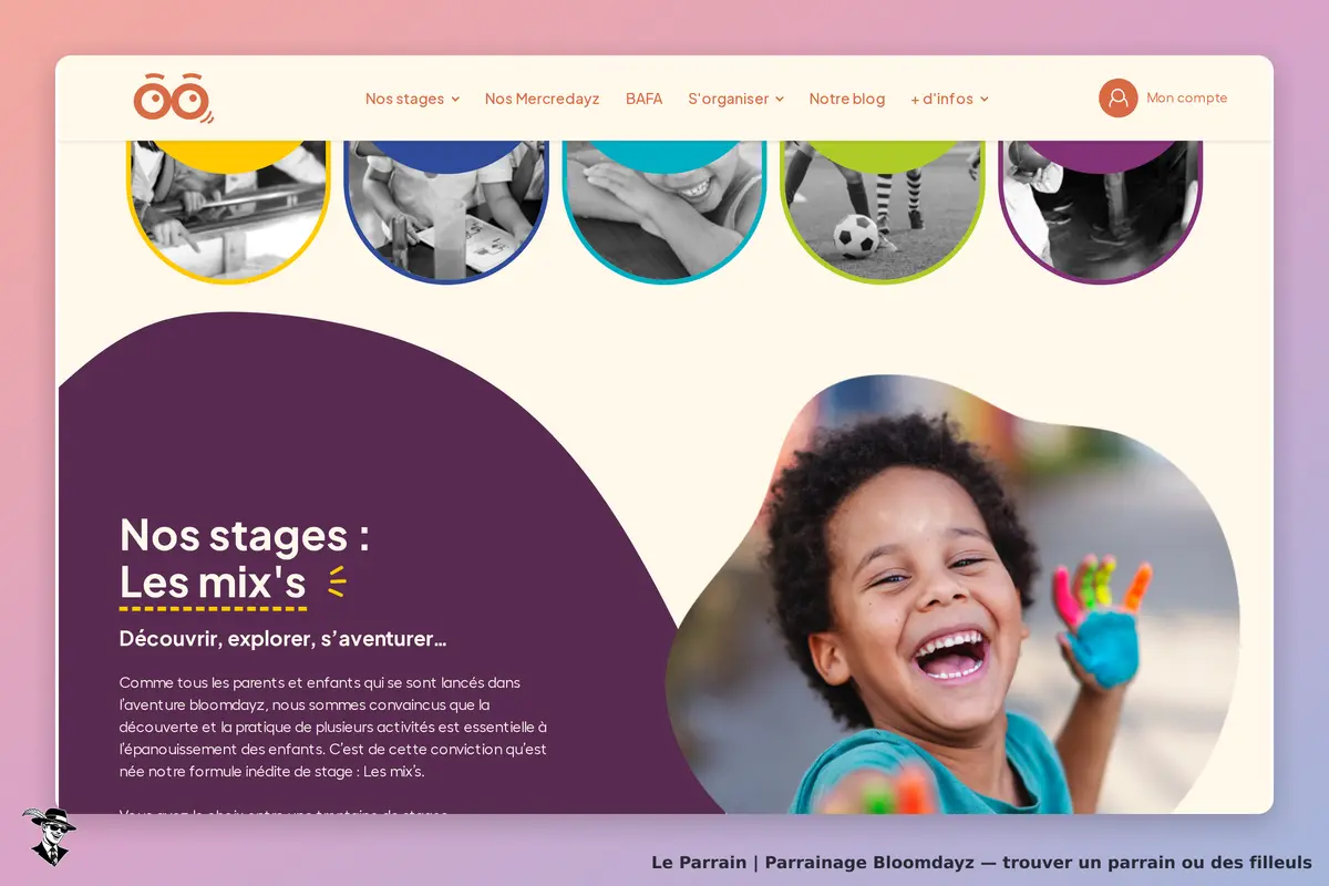 Bloomdayz : page d'accueil avec un enfant souriant et des couleurs vives, présentant des stages