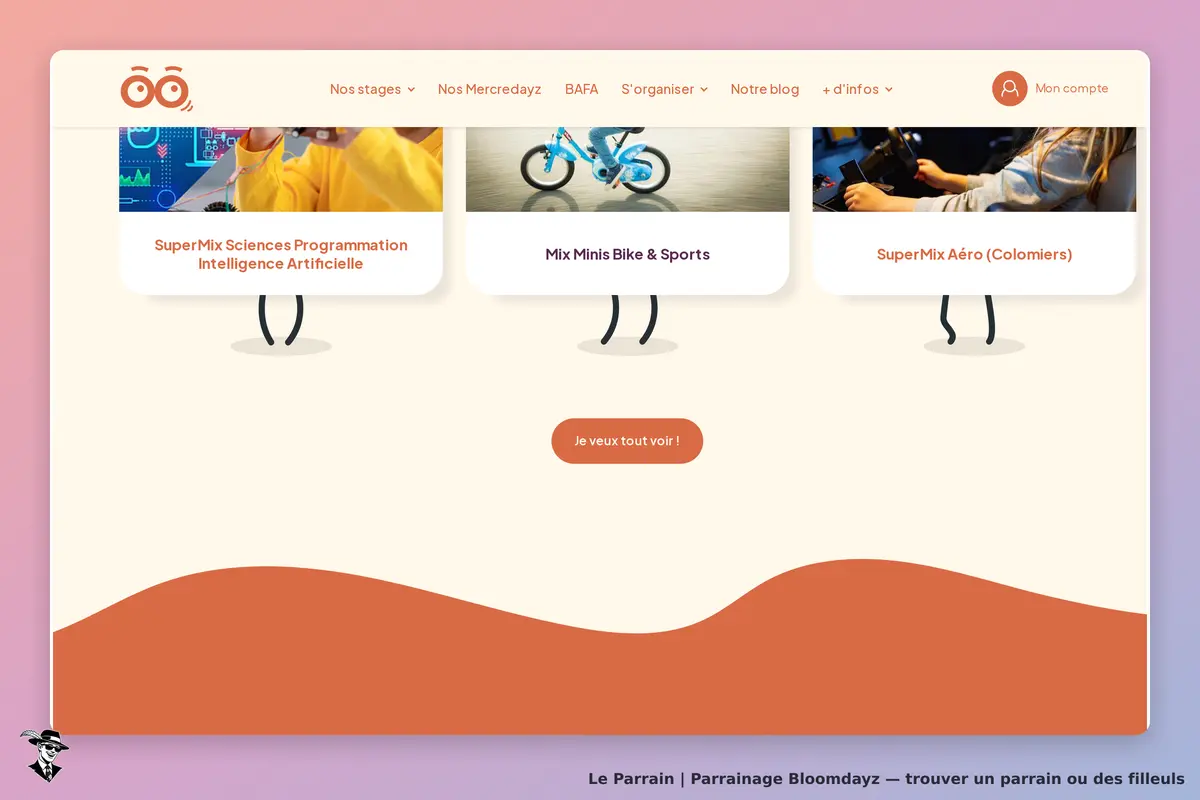 Bloomdayz : page d'accueil avec des stages et un bouton pour voir plus d'options