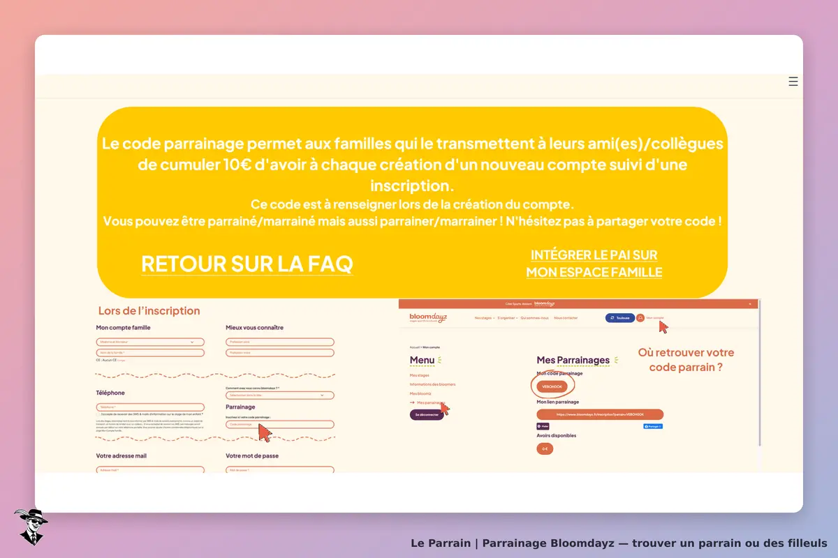 Bloomdayz : page d'inscription avec des champs à remplir et des informations sur le parrainage