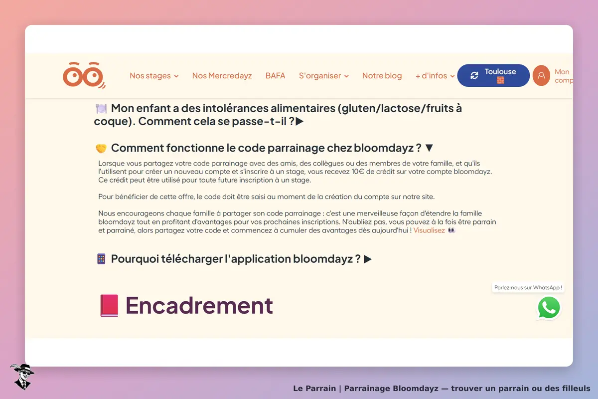 Bloomdayz : page d'accueil avec des informations sur le parrainage et un encadré explicatif