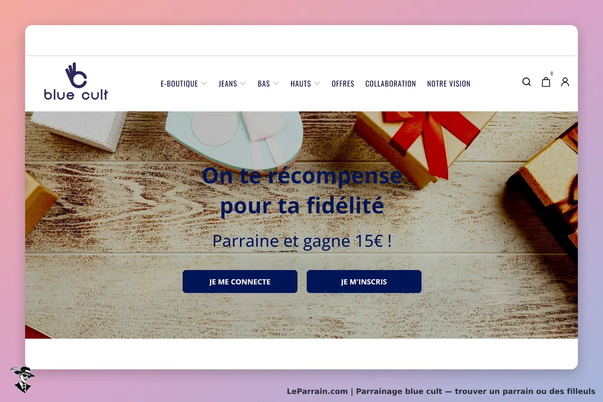 blue cult : page d'accueil avec message sur la fidélité et boutons de connexion et d'inscription