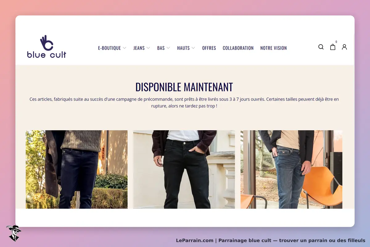 blue cult : page d'accueil présentant des jeans avec un message sur leur disponibilité