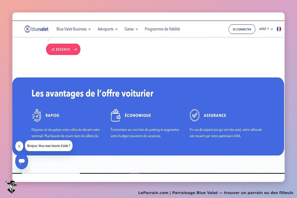 Blue Valet : présentation des avantages de l'offre voiturier avec trois icônes explicatives