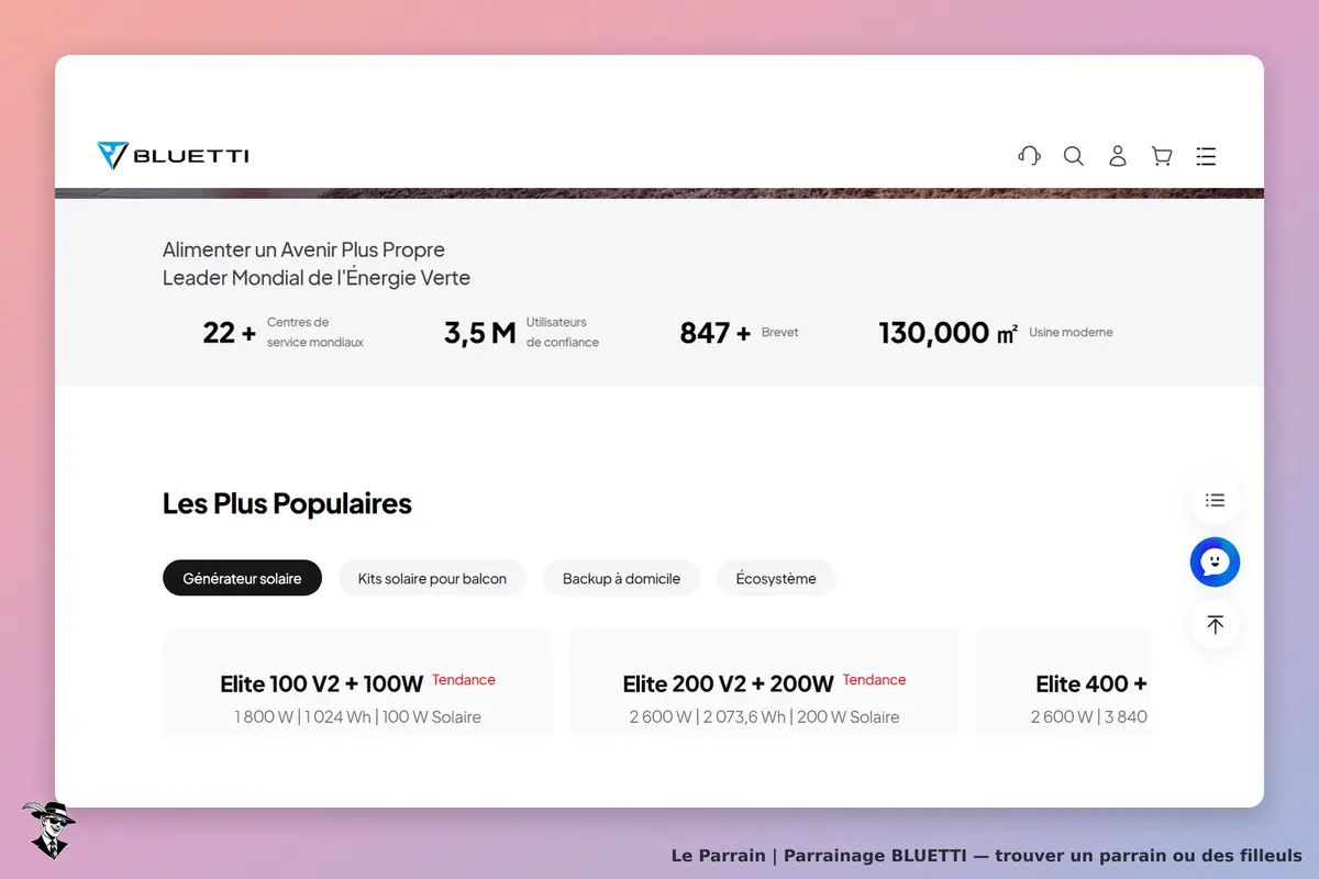 BLUETTI : page d'accueil présentant des générateurs solaires et des statistiques sur l'entreprise
