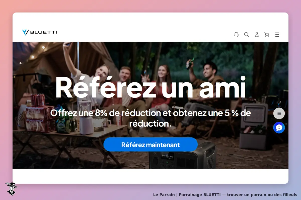 BLUETTI : page d'accueil avec un groupe d'amis autour d'une table en extérieur et un produit