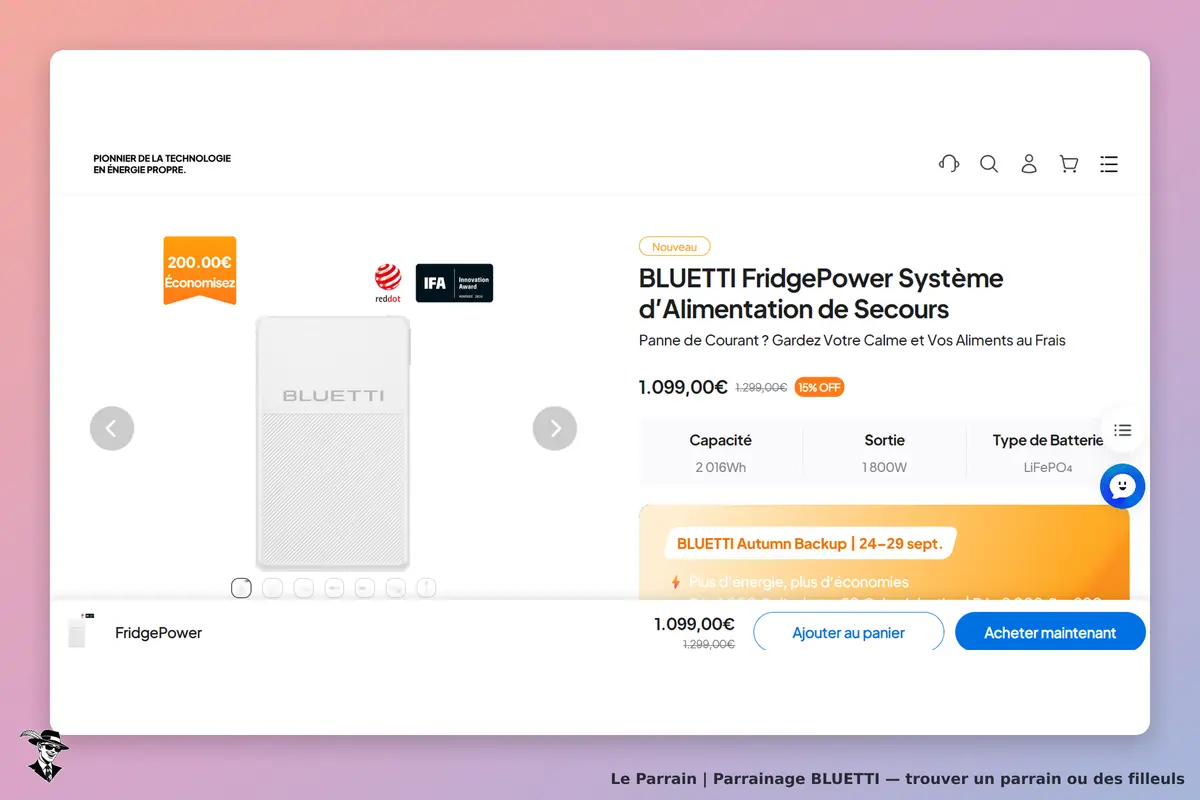 BLUETTI : page produit affichant le FridgePower, ses caractéristiques et options d'achat