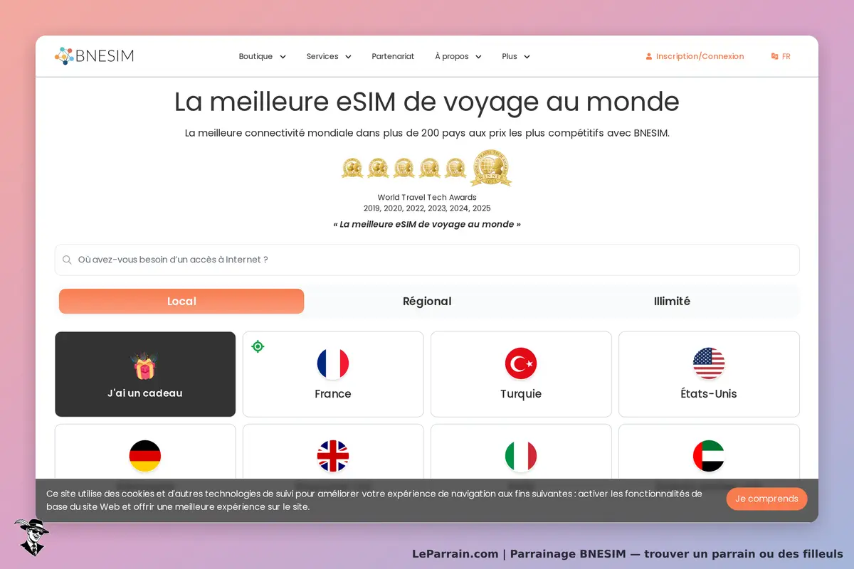 BNESIM : page d'accueil présentant la meilleure eSIM de voyage avec options de pays et recherche