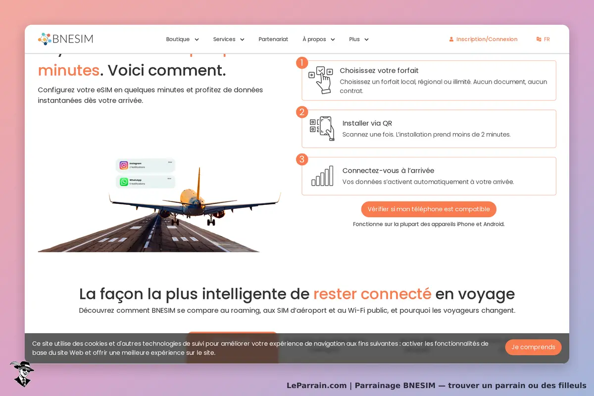 BNESIM : page d'accueil présentant le service eSIM avec étapes d'installation et image d'avion