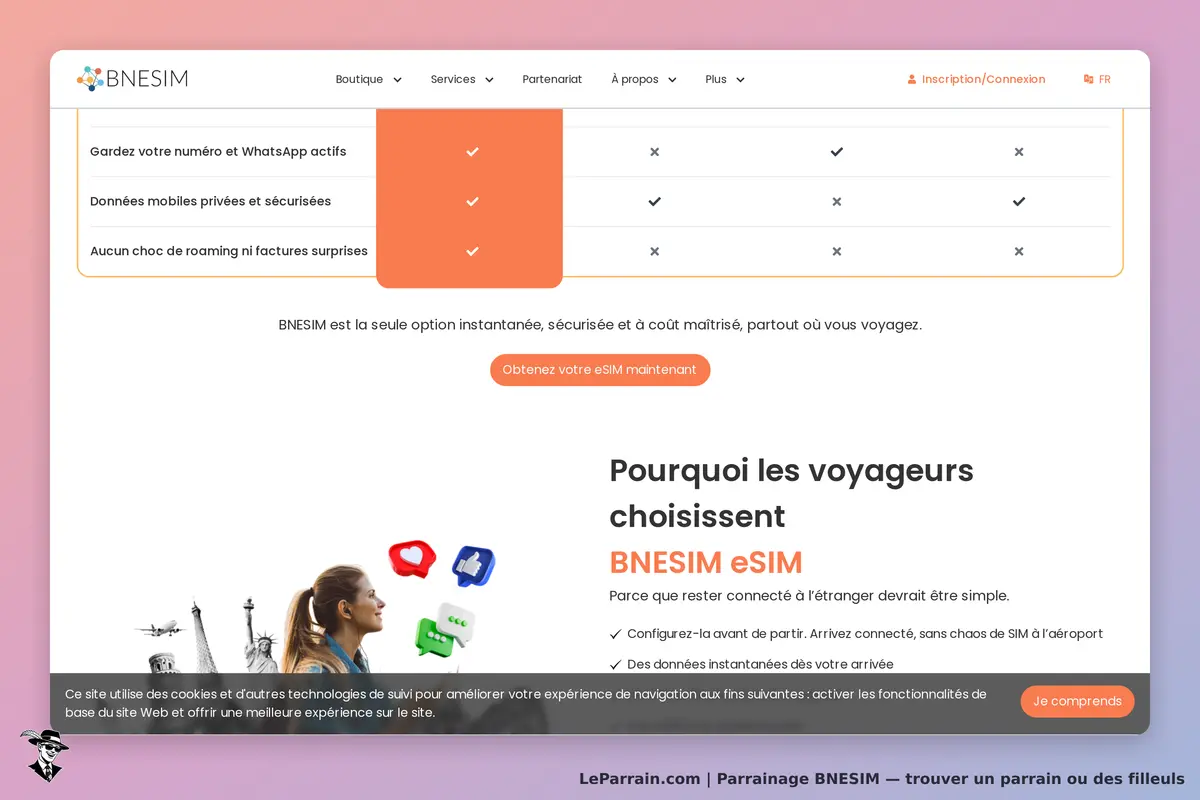 BNESIM : page d'accueil avec options eSIM et explications sur les services proposés