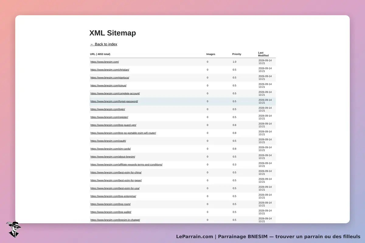 BNESIM : aperçu d'un plan de site XML avec des URLs et des informations de priorité