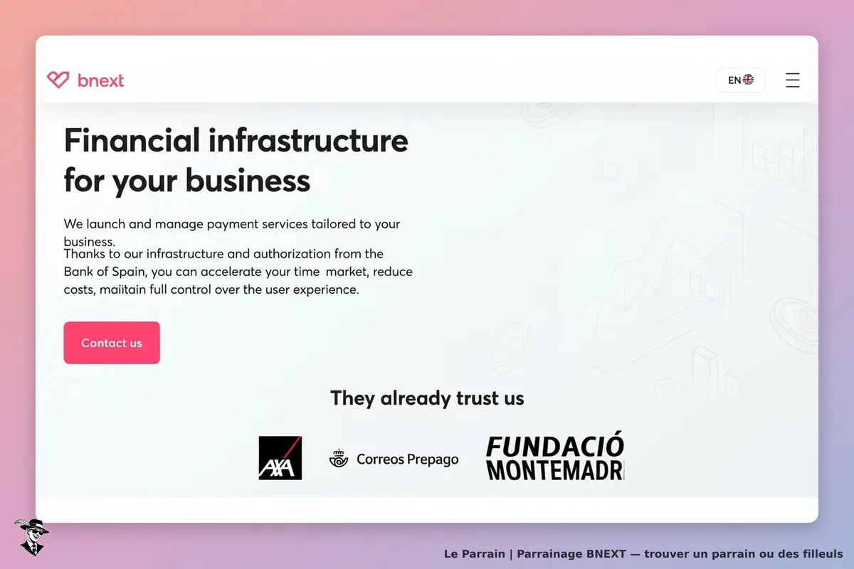 BNEXT : page d'accueil présentant des services financiers pour les entreprises avec un bouton