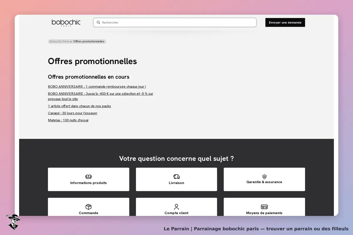 bobochic paris : page des offres promotionnelles avec questions fréquentes et options d'aide