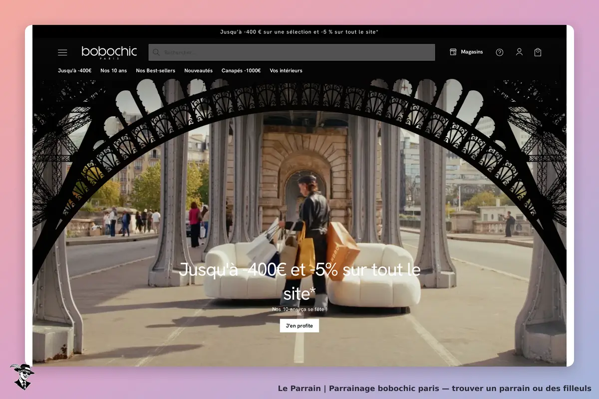bobochic paris : page d'accueil avec un canapé blanc et des sacs à provisions sous un pont