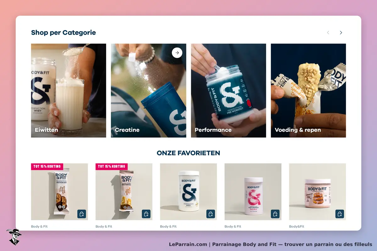 Body and Fit : body & Fit : page d'accueil avec catégories de produits et sélection de favoris