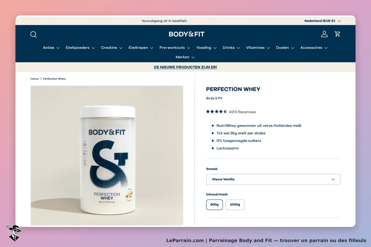 Body and Fit : body & Fit : présentation du produit "Perfection Whey" avec un emballage et des