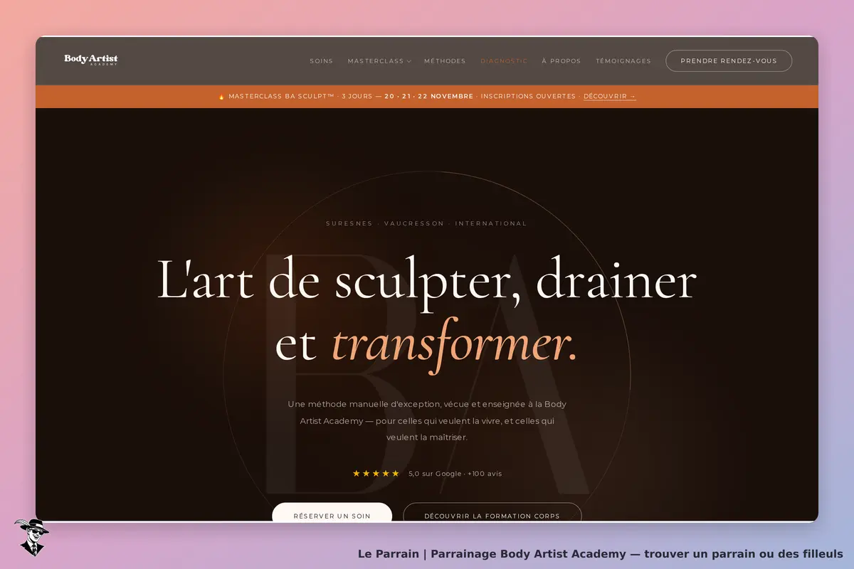 Page d'accueil de Body Artist Academy