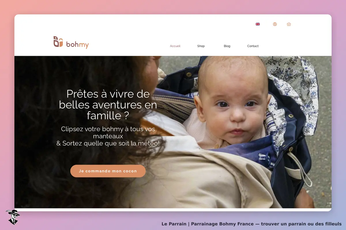 Bohmy France : bohmy : page d'accueil avec un bébé dans un manteau, slogan et bouton d'action