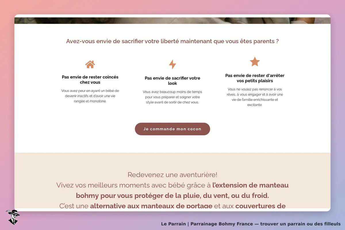 Bohmy France : page d'accueil avec trois conseils et un bouton pour commander un cocon
