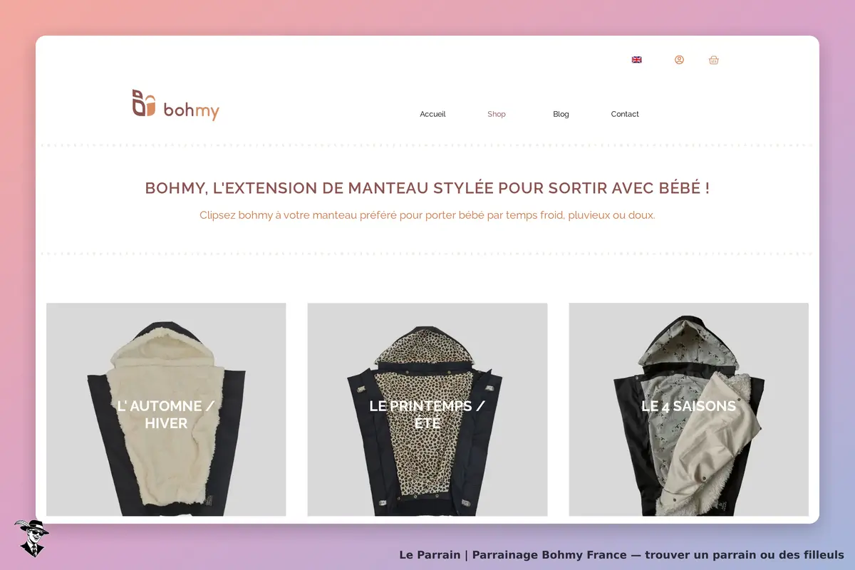 Bohmy France : bohmy : page d'accueil présentant trois modèles d'extensions de manteau pour bébé