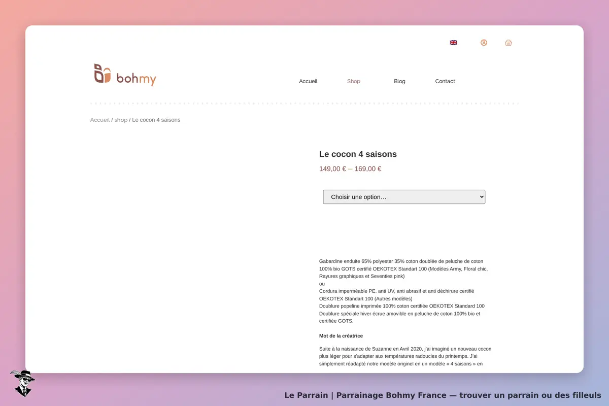 Bohmy France : bohmy : page produit présentant "Le cocon 4 saisons" avec options de choix et