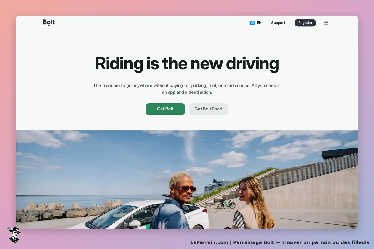 Bolt : page d'accueil avec le slogan "Riding is the new driving" et deux personnes souriantes
