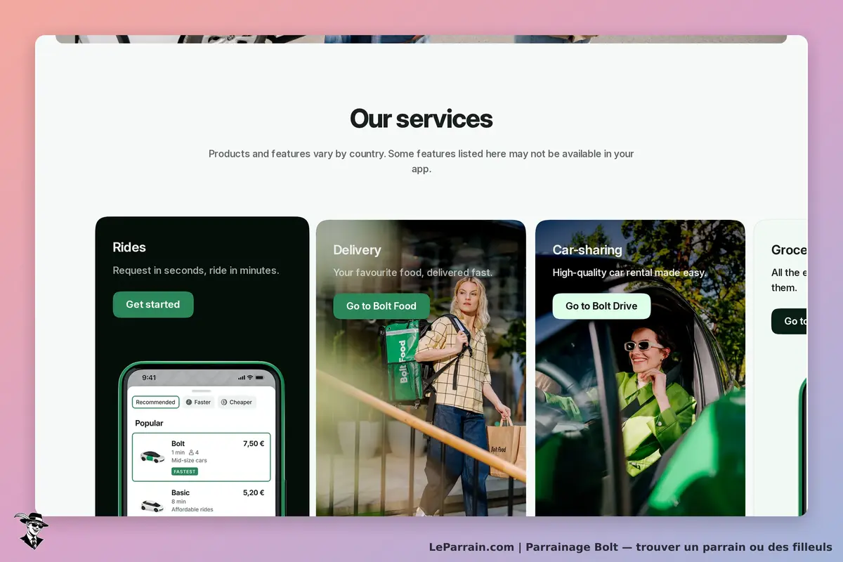 Bolt : services de transports, livraison et location de voiture sur la page d'accueil