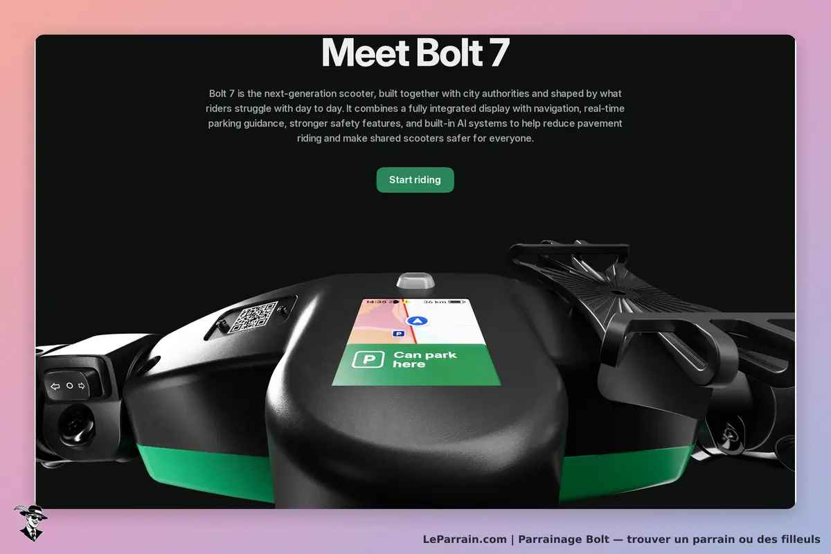 Bolt : présentation de la trottinette Bolt 7 avec écran de navigation et options de stationnement