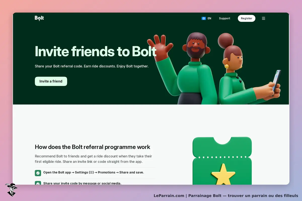 Bolt : page d'accueil avec des personnages 3D et un bouton pour inviter des amis
