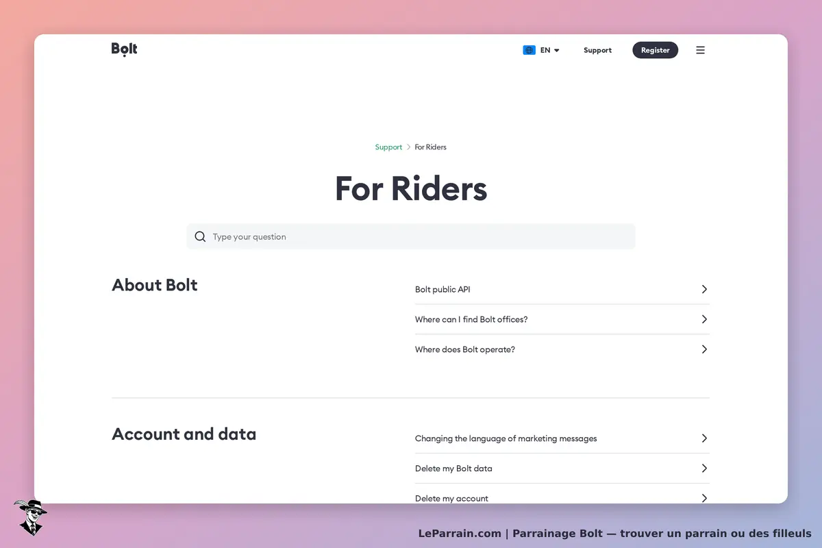 Bolt : page d'assistance pour les utilisateurs avec un moteur de recherche et des questions