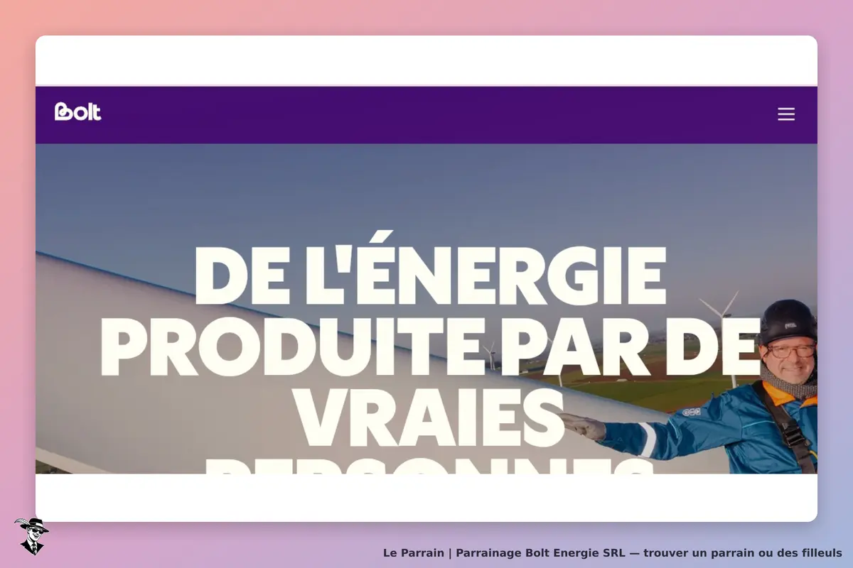 Bolt Energie SRL : bolt : page d'accueil avec un homme près d'une éolienne et un slogan sur